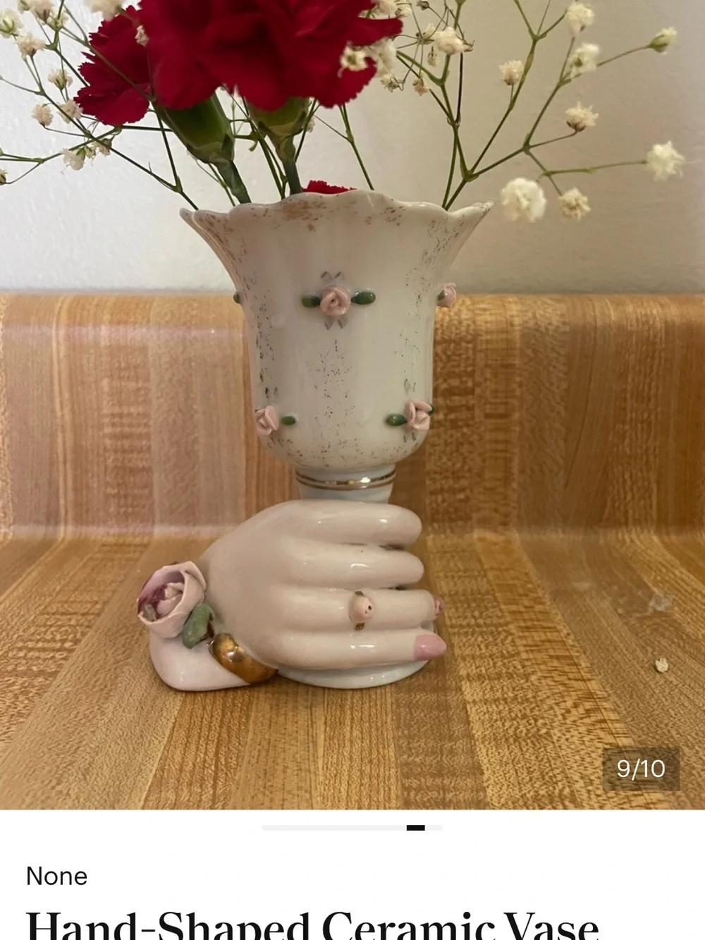 Vintage White Ceramic Hand-Shaped Vase with Pink Rose Accents - Picture 2 of 8